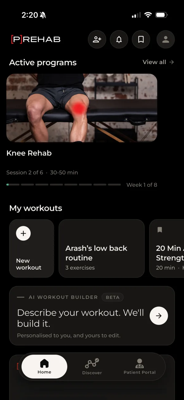 Prehab app home screen with an active Knee Rehab program
