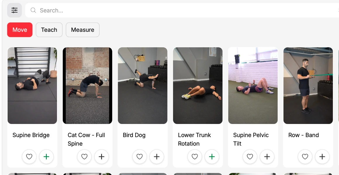 The Prehab exercise library in Prehab Professional, showing search results and video cards