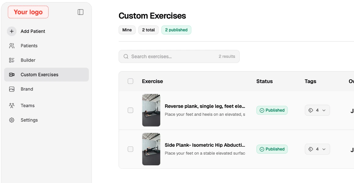 Custom exercise library in Prehab Professional, branded with the organization's own logo